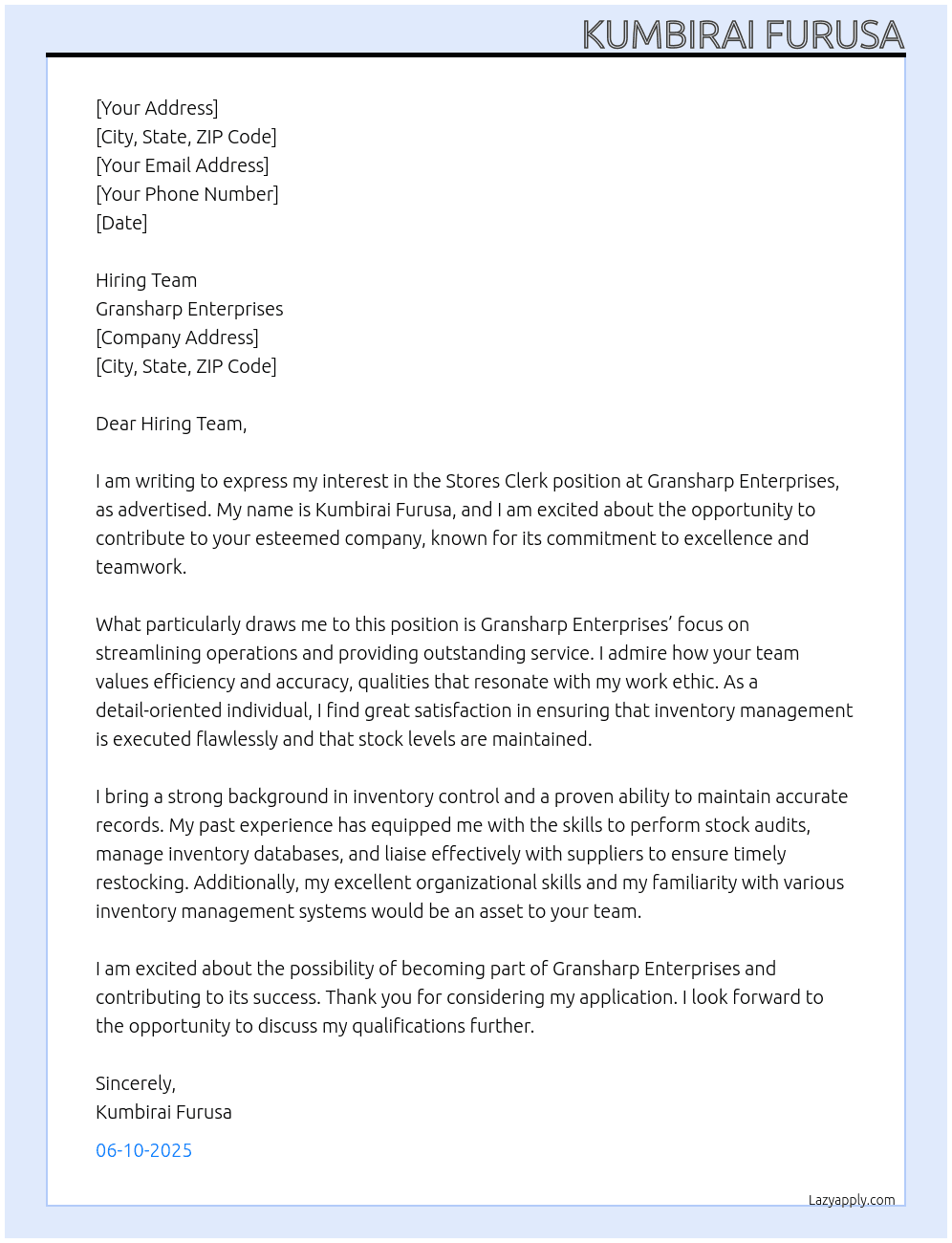 Stores Clerk At Gransharpenterprises Cover Letter