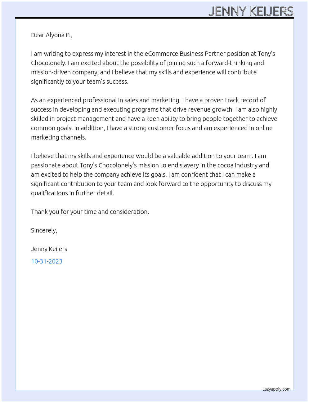 e Commerce Business Partner At Tony's Chocolonely  Cover Letter