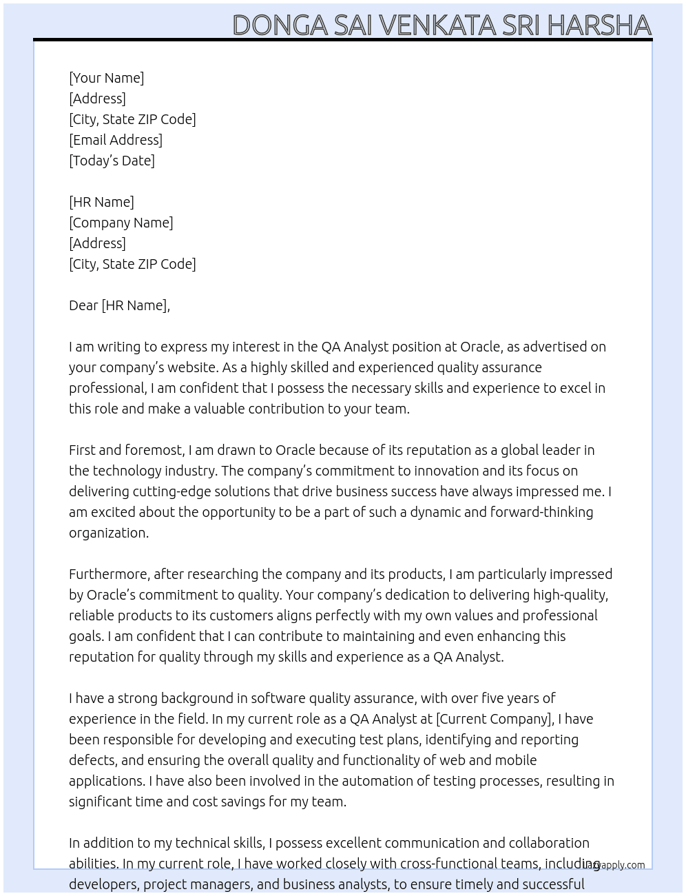 QA Analyst At Oracle Cover Letter