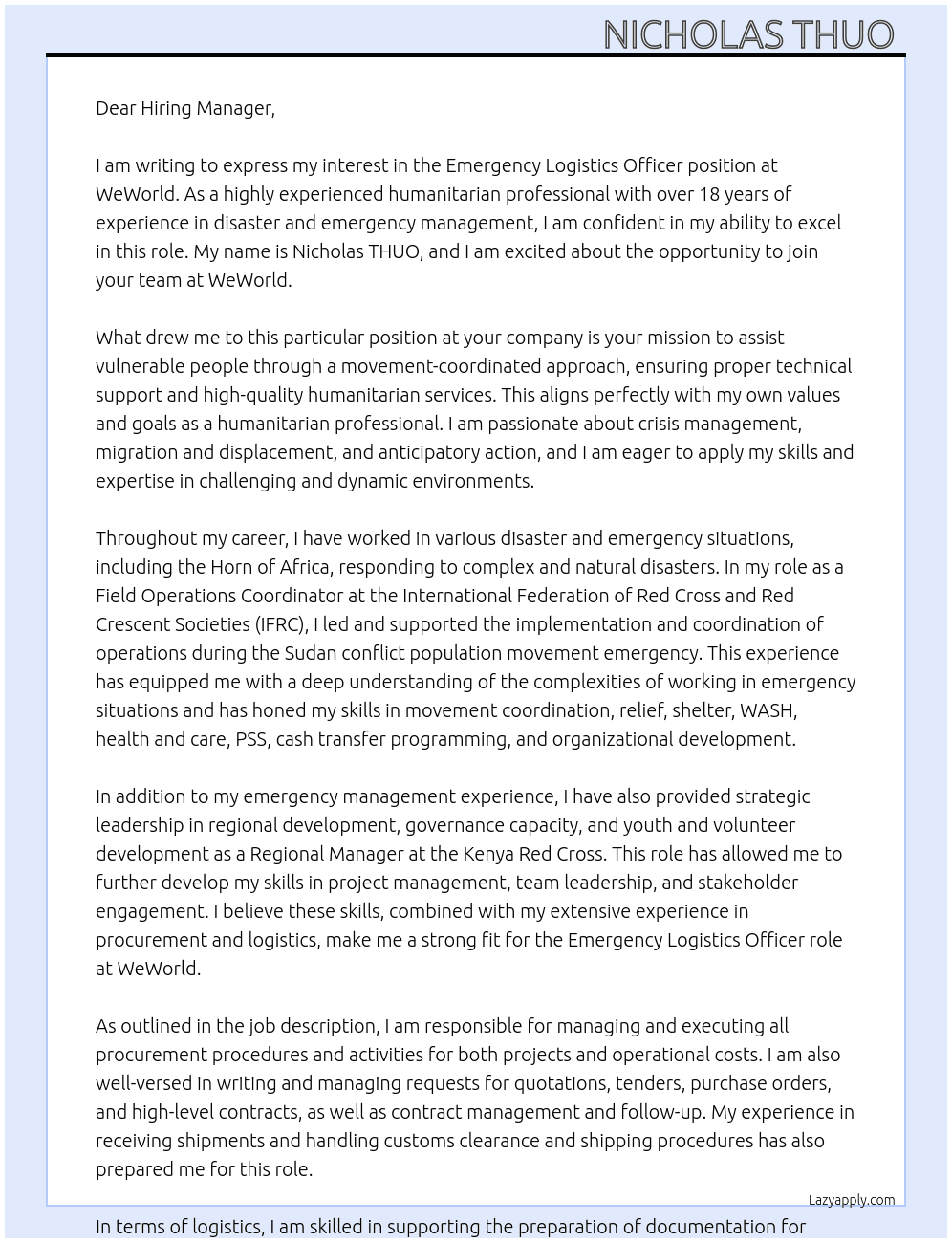 Emergency Logistics Officer At WeWorld Cover Letter