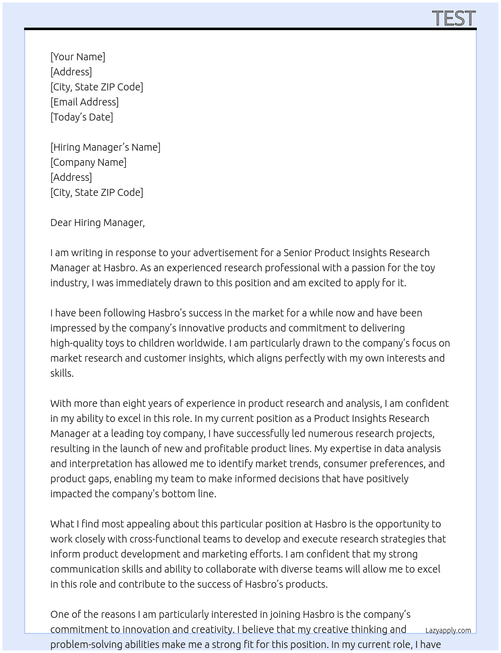 Senior Product Insights Research Manager At Hasbro Cover Letter