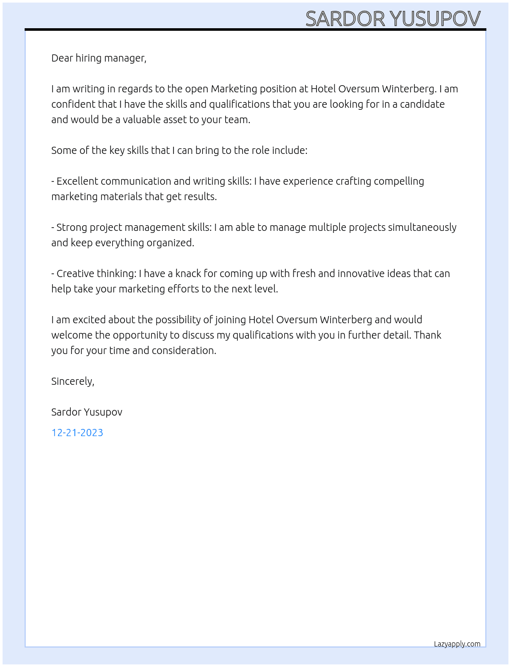 Marketing At hotel oversum winterberg  Cover Letter