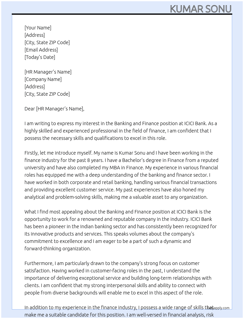 BANKING AND FINANCE At ICICI BANK Cover Letter