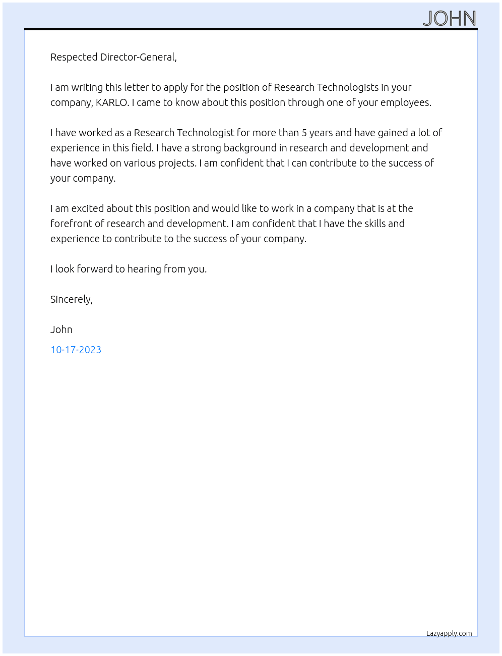 Research Technologists At KARLO Cover Letter