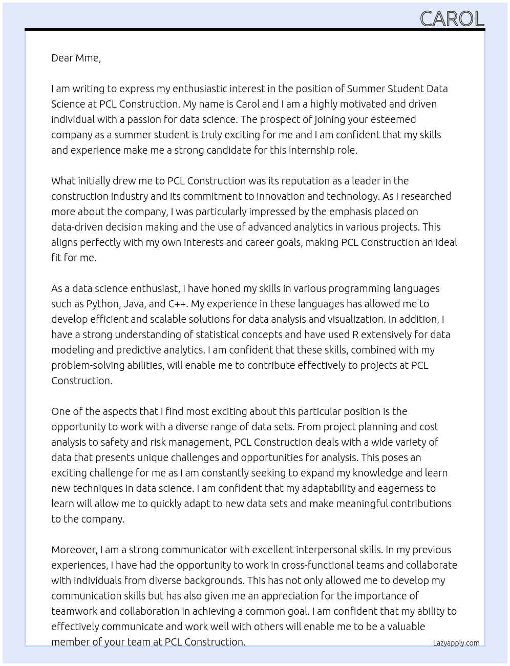 Summer Student Data Science At PCL Construction Cover Letter