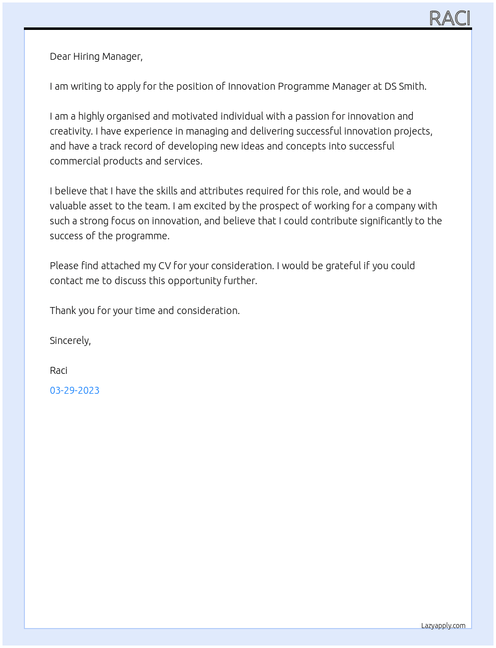 Innovation Programme Manager At DS Smith Cover Letter