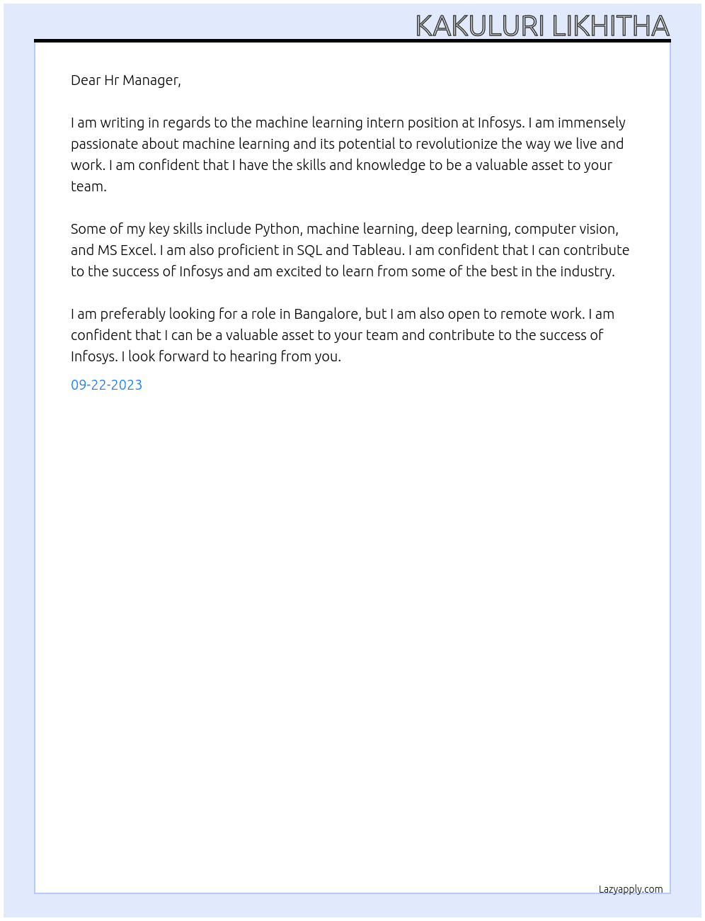 Machine Learning Intern At Infosys Cover Letter