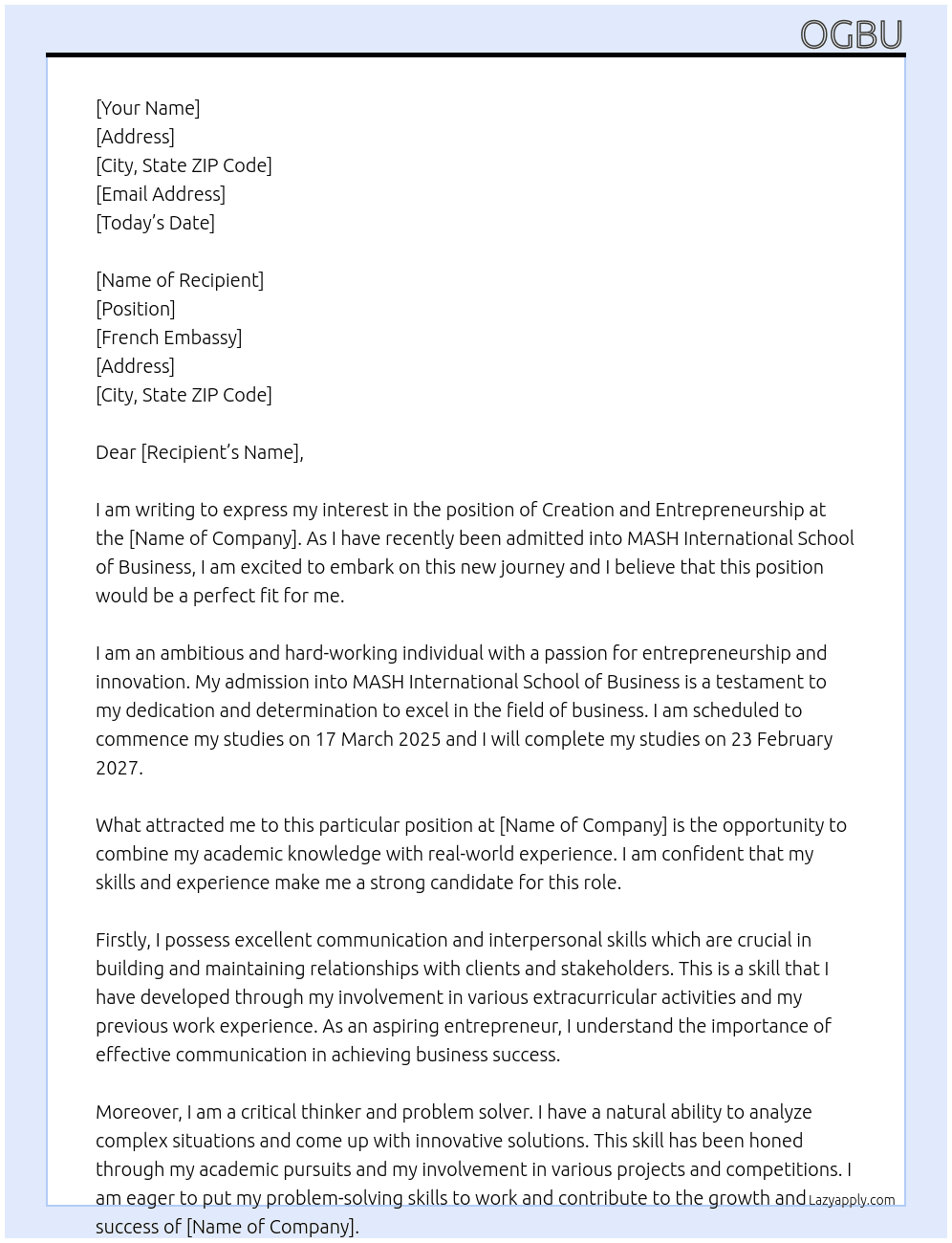 creation and Entrepreneurship. i have gained my admission into MASH INTERNATIONAL SCHOOL OF BUSINESS. my Student No is FEV25-261157. i am scheduled to commence my studies by 17 March 2025 and i will complete my studies by 23 February 2027.  At study visa Cover Letter