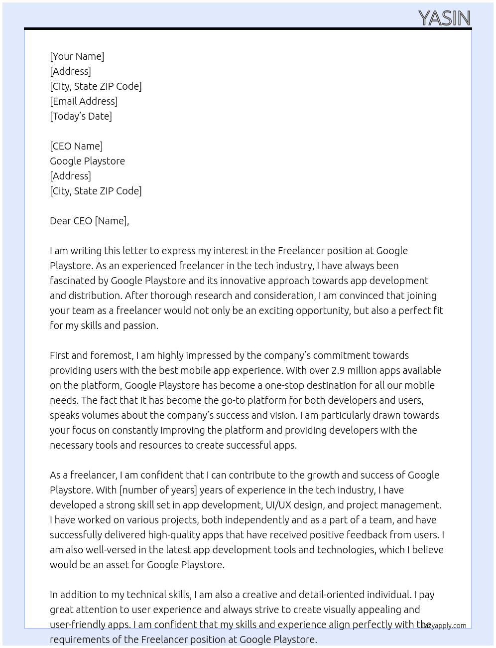 Freelancer  At Google playstore Cover Letter