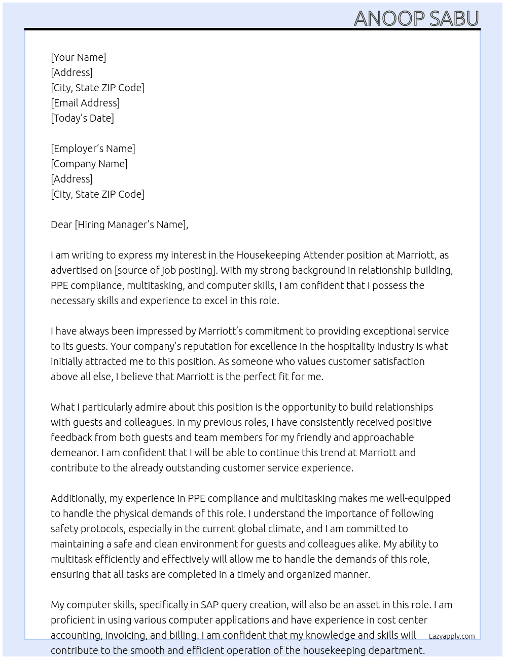 Cover letter for house keeping attender - LazyApply