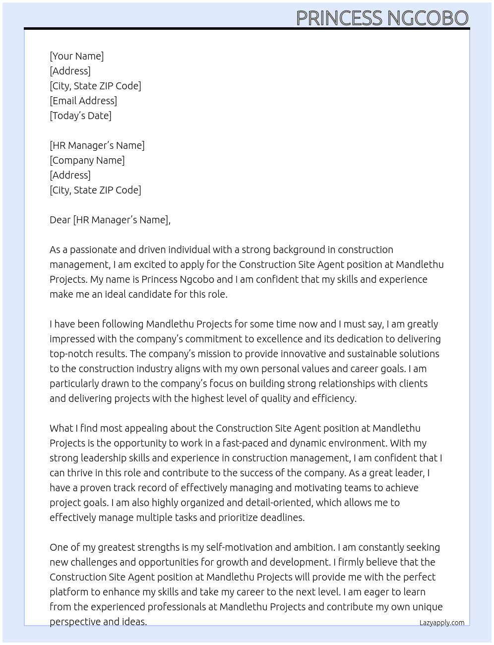 Construction Site Agent  At Mandlethu Projects Cover Letter