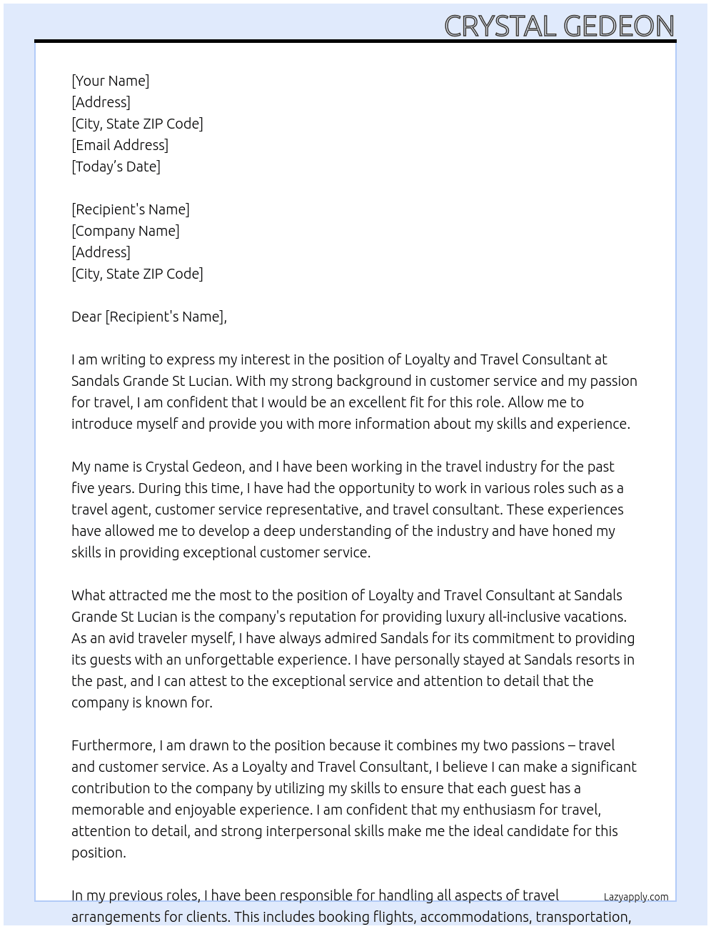Loyalty and Travel Consultant  At Sandals Grande St Lucian Cover Letter