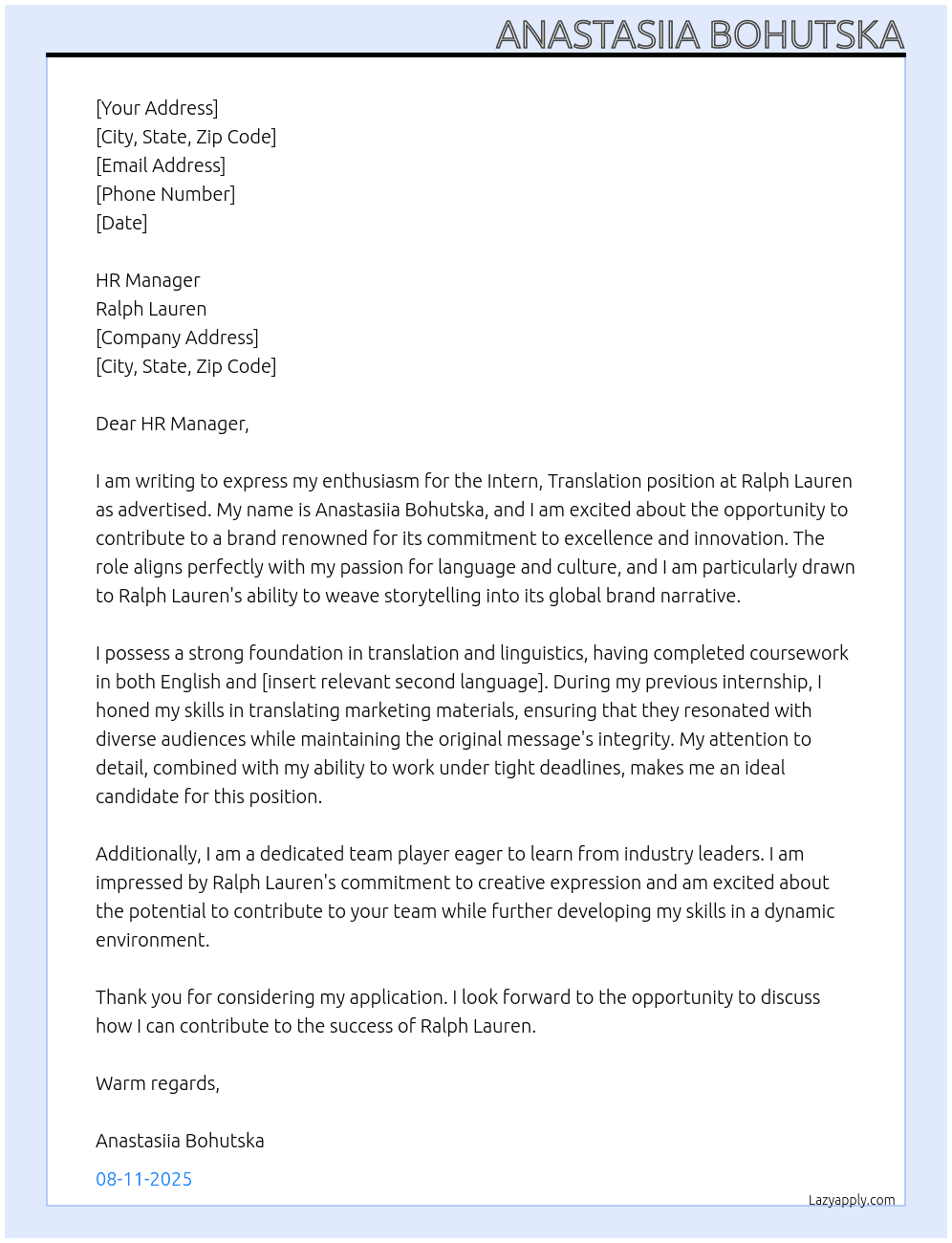 Cover letter for intern, translation - LazyApply