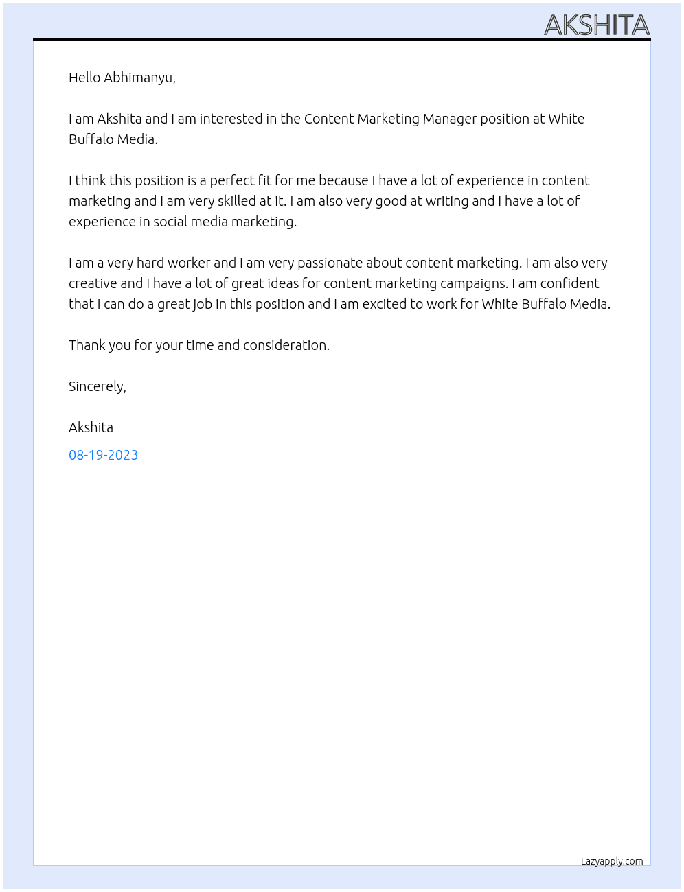Content Marketing Manager At White Buffalo Media Cover Letter