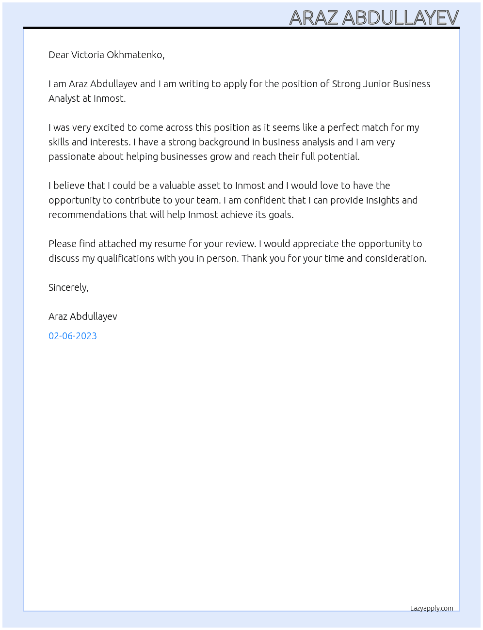 Strong Junior Business Analyst At Inmost Cover Letter