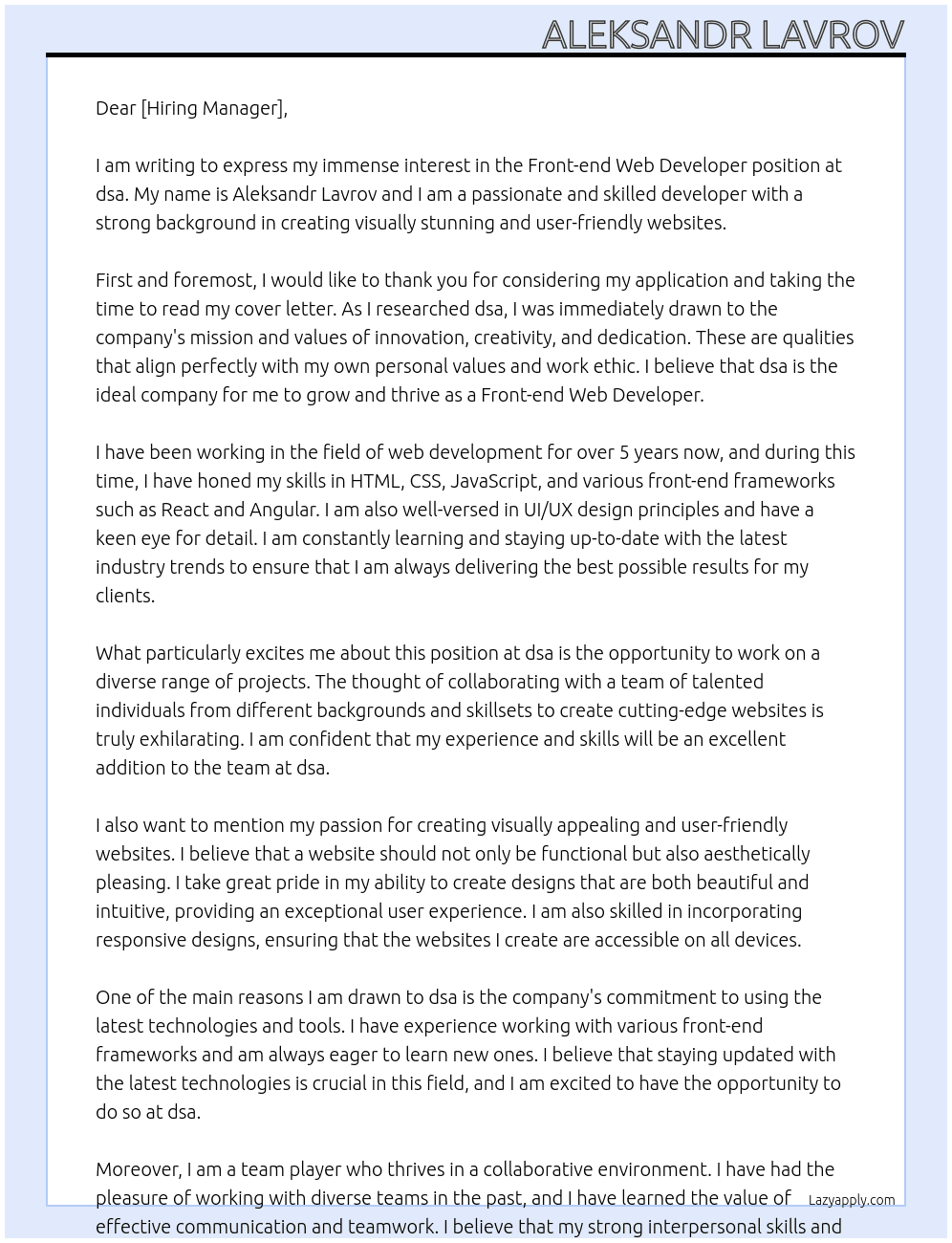 Fornt-end web developer At dsa Cover Letter