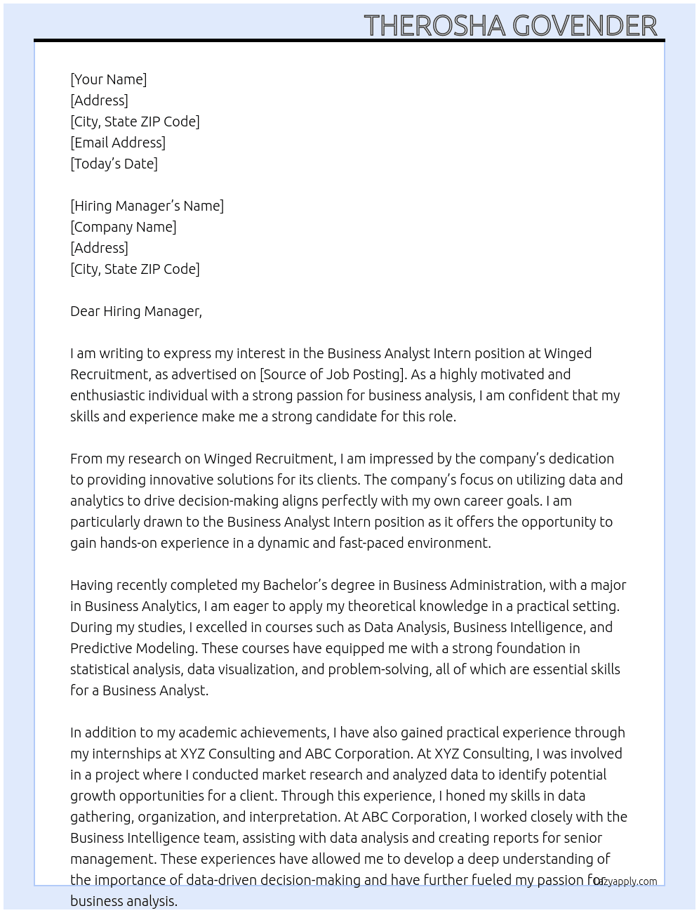 Business analyst intern At winged recruitment Cover Letter