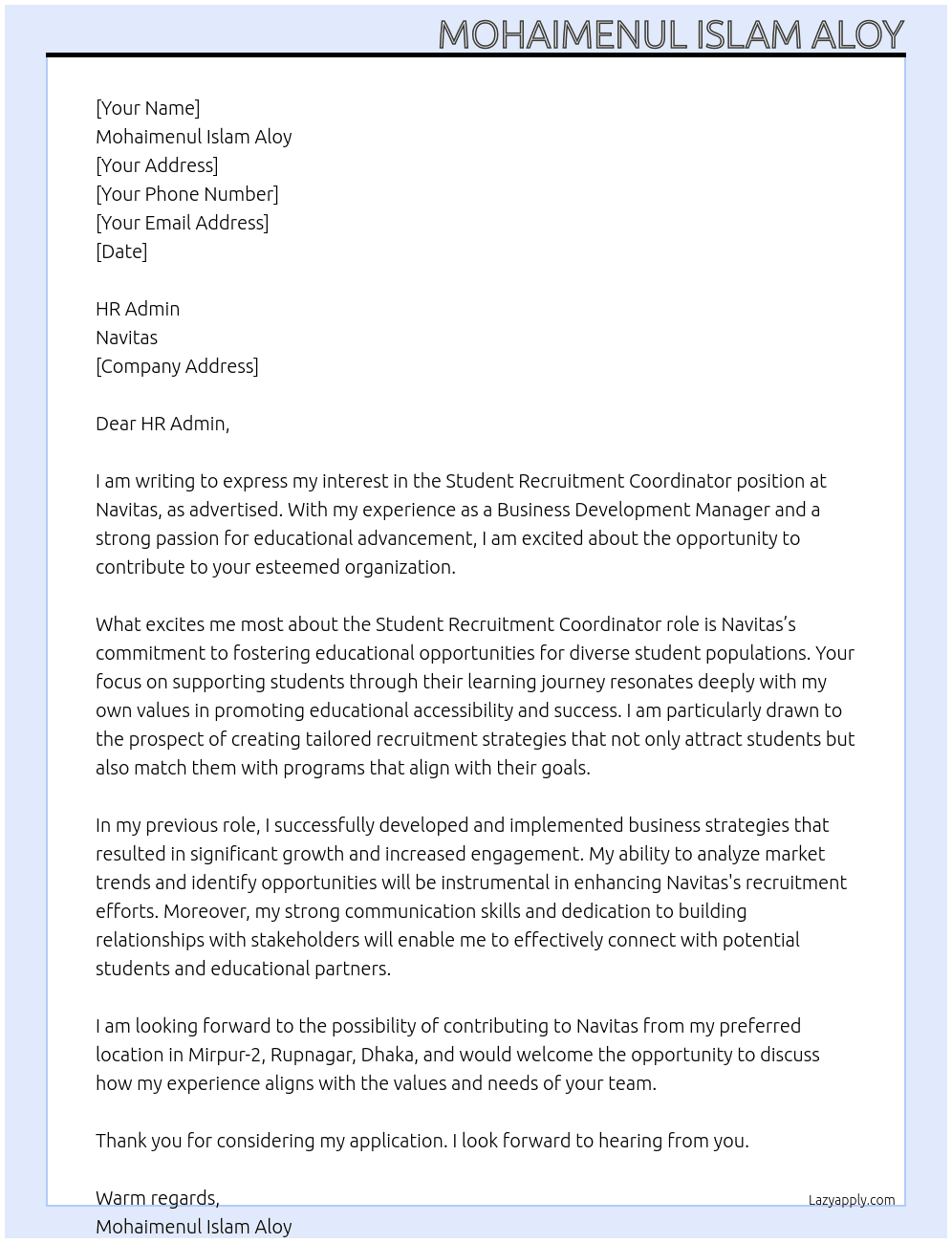 Student Recruitment Coordinator At NAvitas Cover Letter