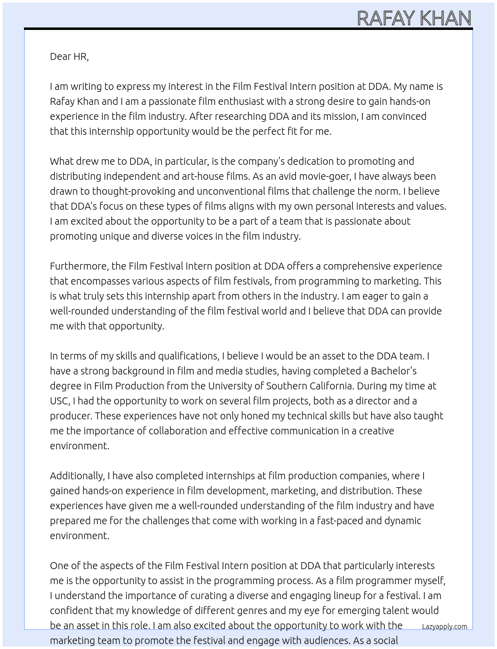 film festival intern At DDA Cover Letter