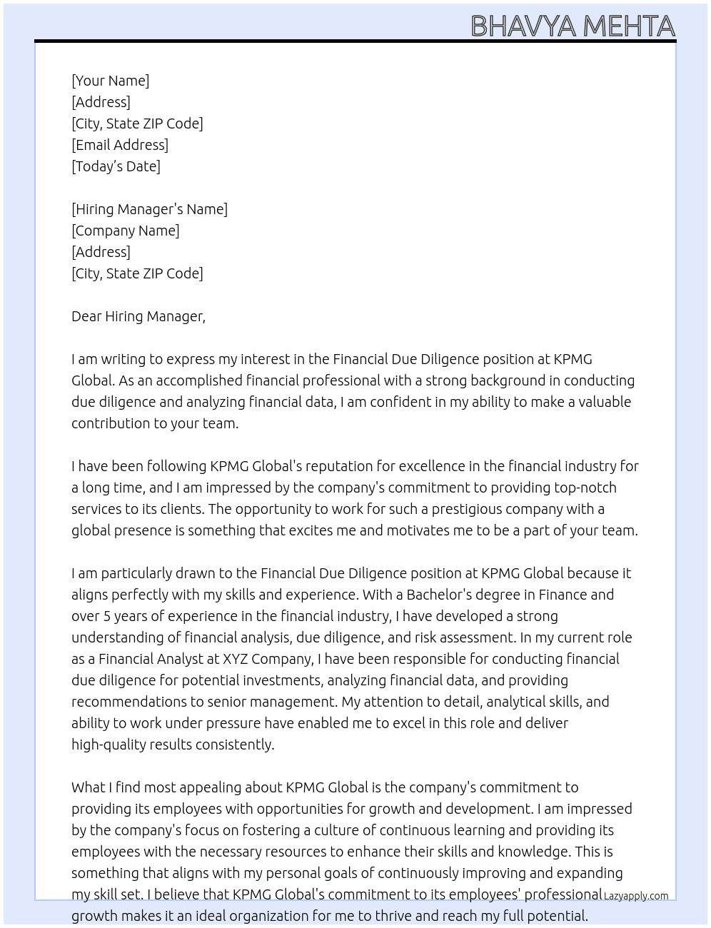 Financial due diligience At KPMG Global Cover Letter
