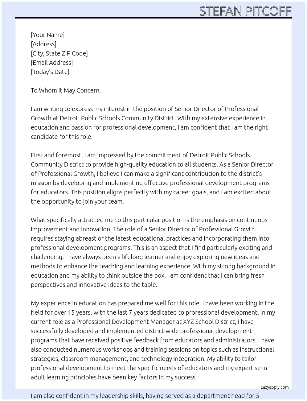 Senior Director - Professional Growth At Detroit Public Schools Community District Cover Letter