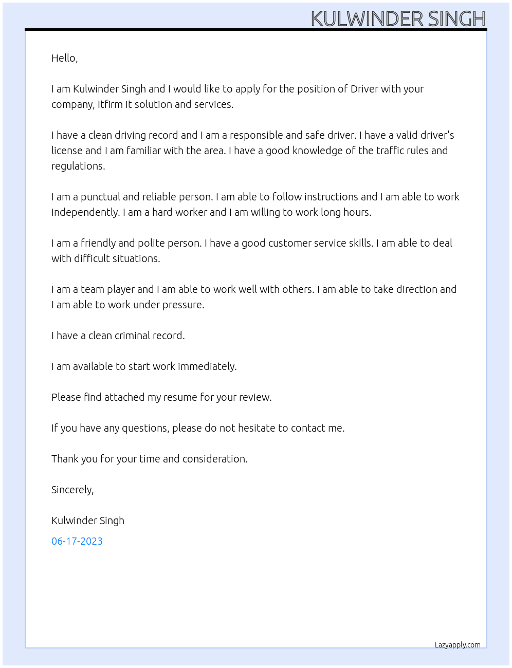 Driver At Itfirm it solution and services Cover Letter