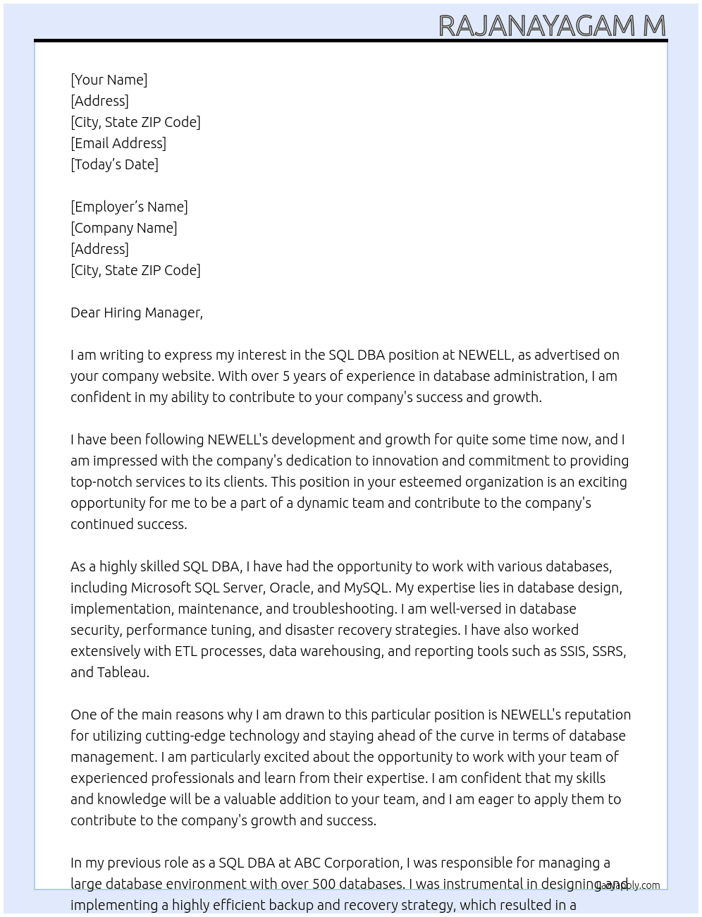 SQL DBA  At NEWELL  Cover Letter