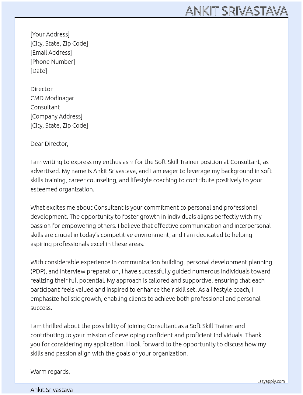 Cover letter for soft skill trainer - LazyApply