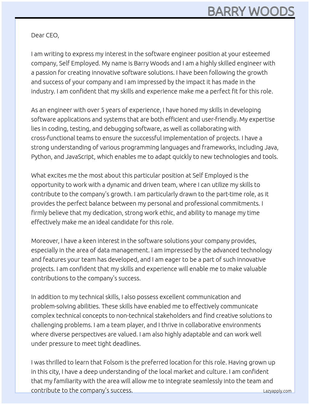 software engineer At self employed Cover Letter