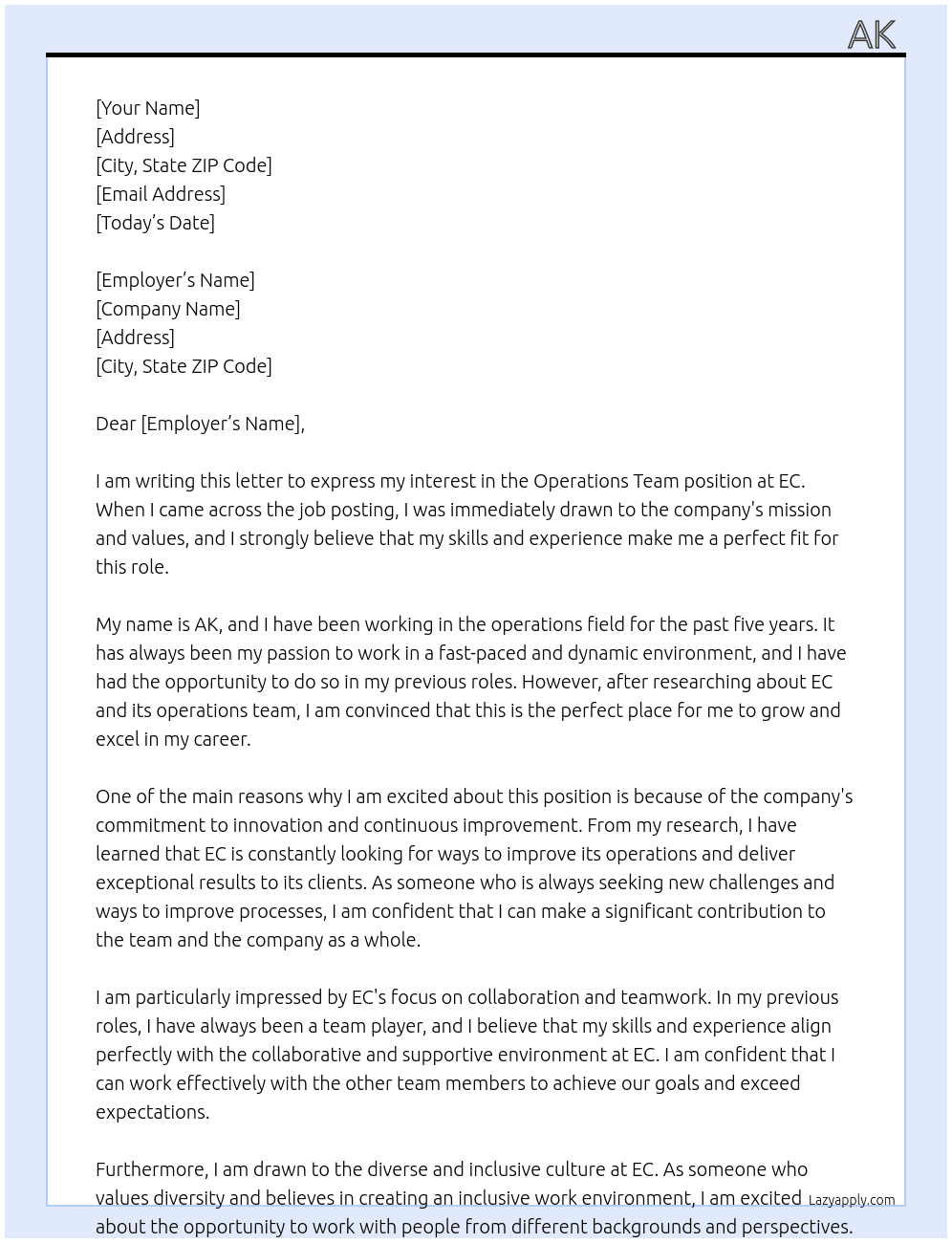 operations team  At ec  Cover Letter
