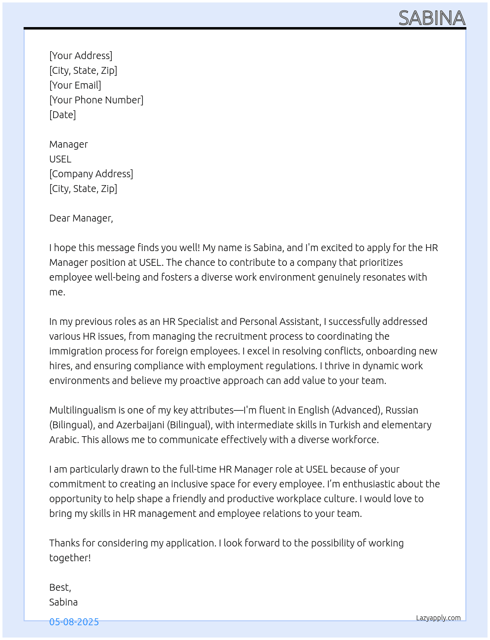 Hr manager, Hr specialist , personal assistant , administration At USEL Cover Letter