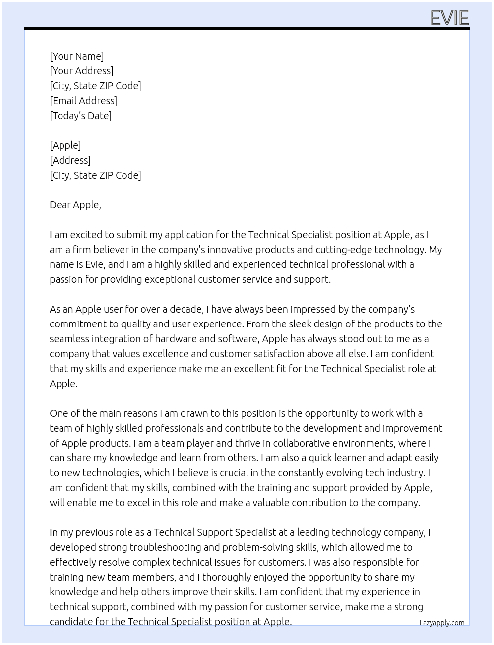 Cover letter for technical specialist - LazyApply