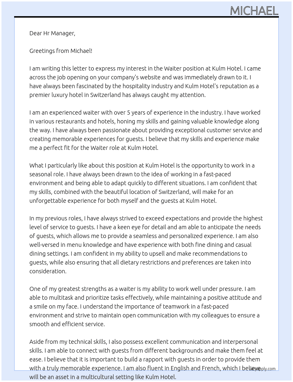 Waiter At Kulm Hotel Cover Letter