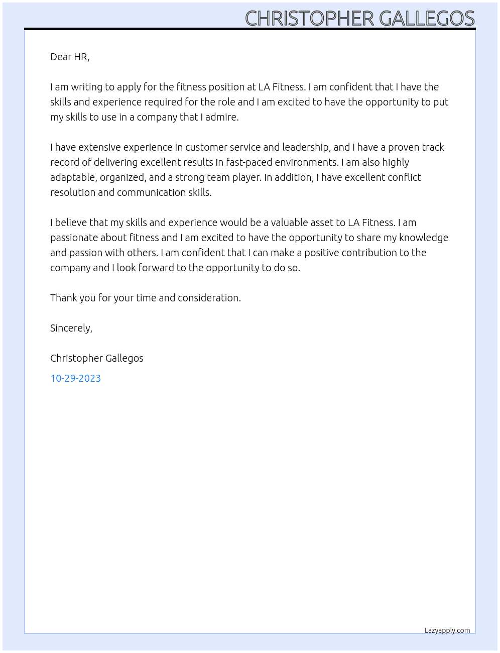 Fitness position  At LA Fitness Cover Letter