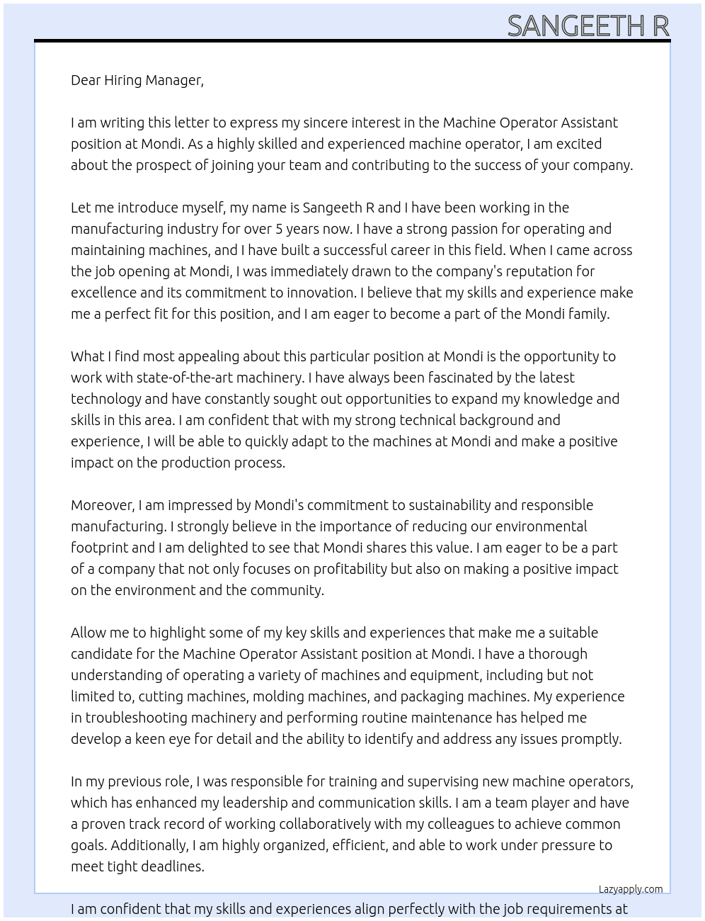 Machine operator assistant At Mondi Cover Letter