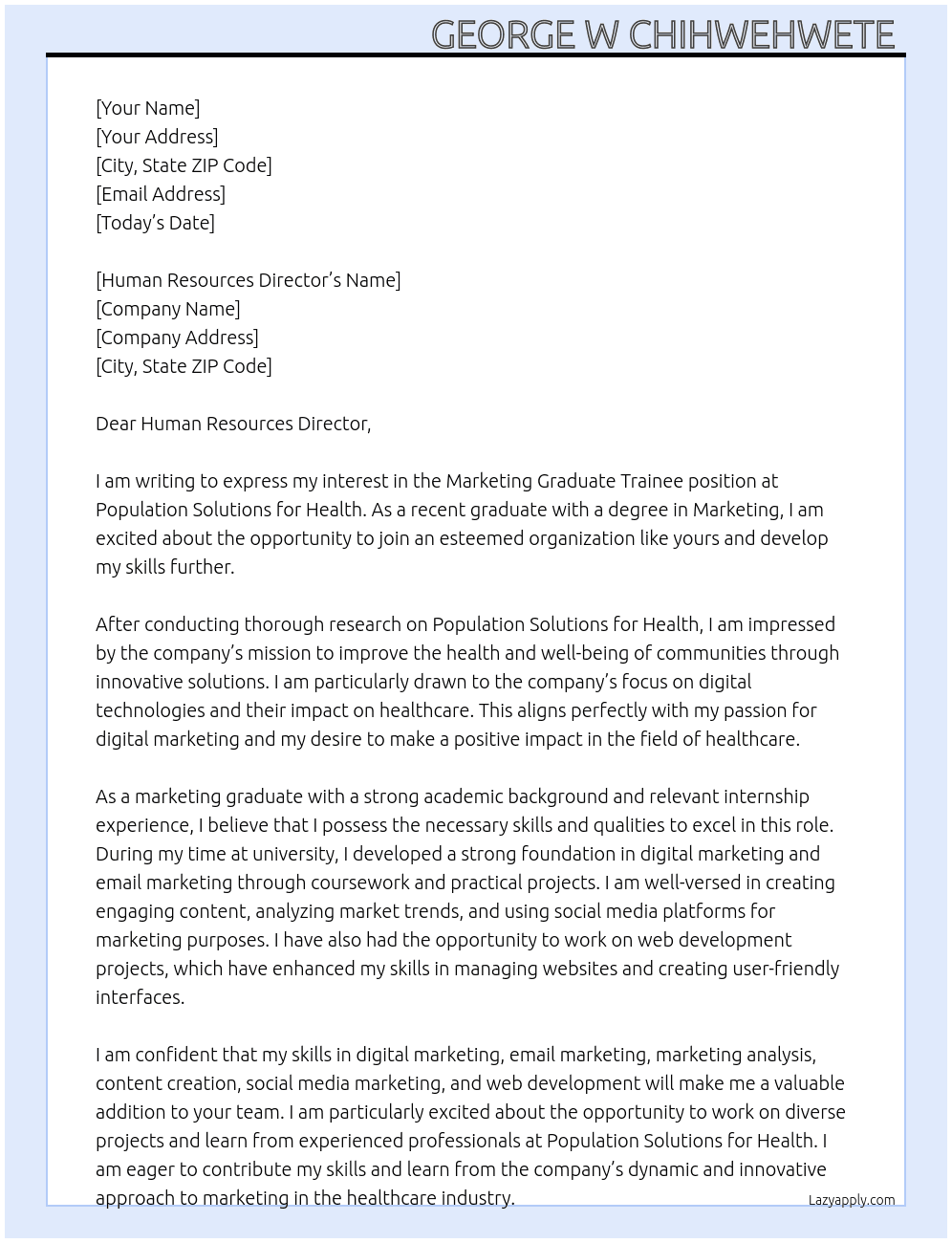 Marketing graduate trainee  At Population Solutions for Health  Cover Letter
