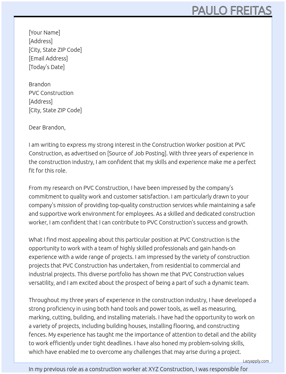 Construction Worker At PVC Construction Cover Letter