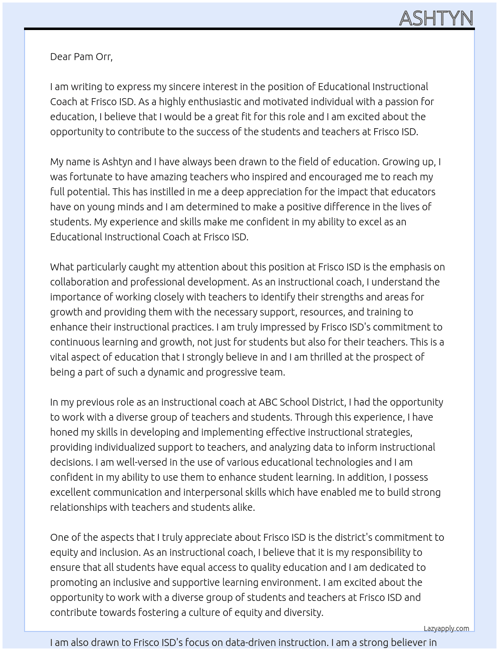 Educational instructional coach At Frisco ISD Cover Letter