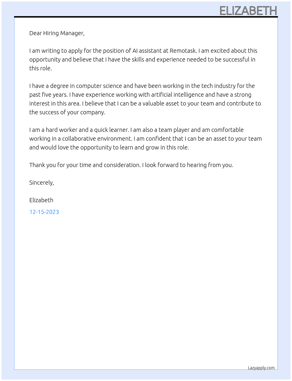 AI assistant At remotask Cover Letter