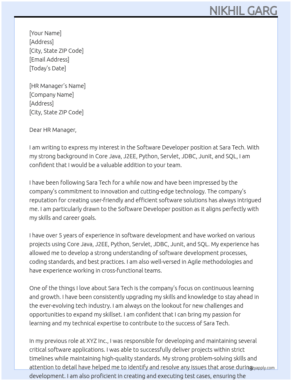 software developer At Sara Tech Cover Letter