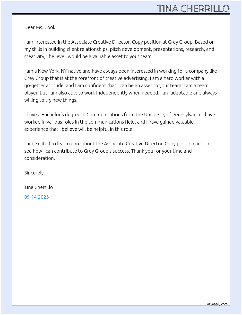 Associate Creative Director, Copy At Grey Group Cover Letter