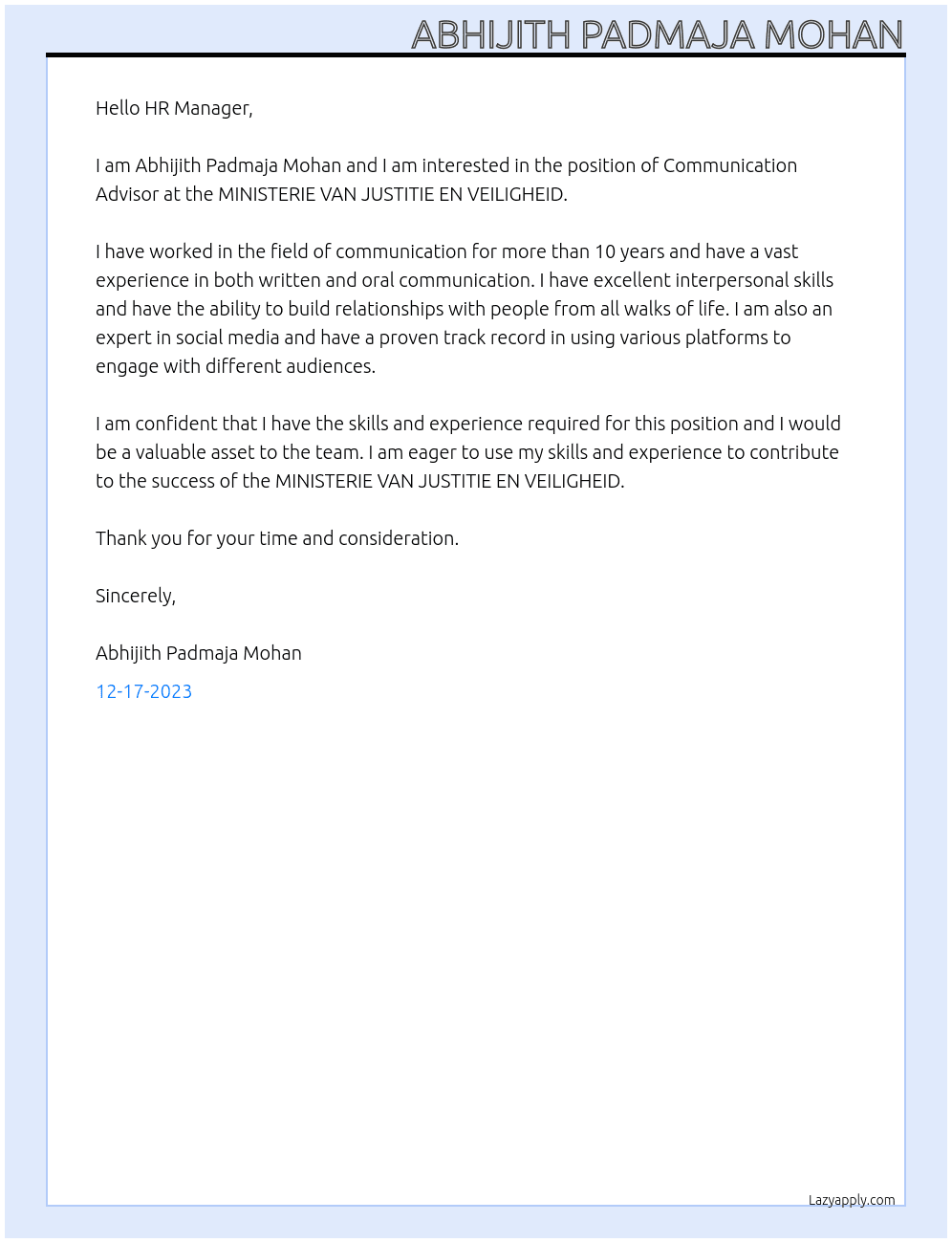 Communication Advisor At MINISTERIE VAN JUSTITIE EN VEILIGHEIDL Cover Letter
