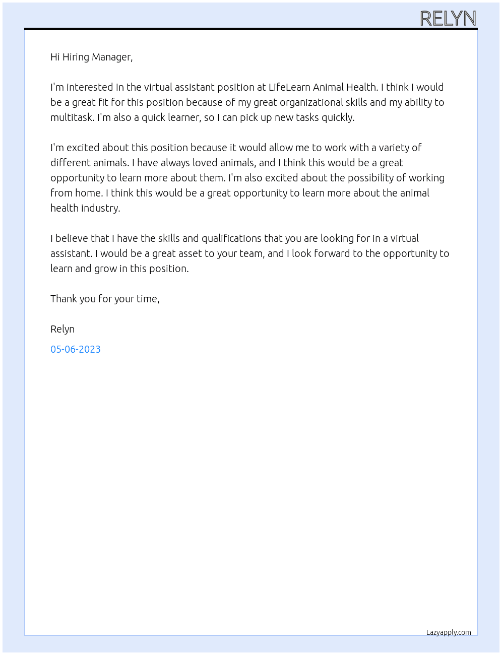 Virtual Assistant At LifeLearn Animal Health Cover Letter