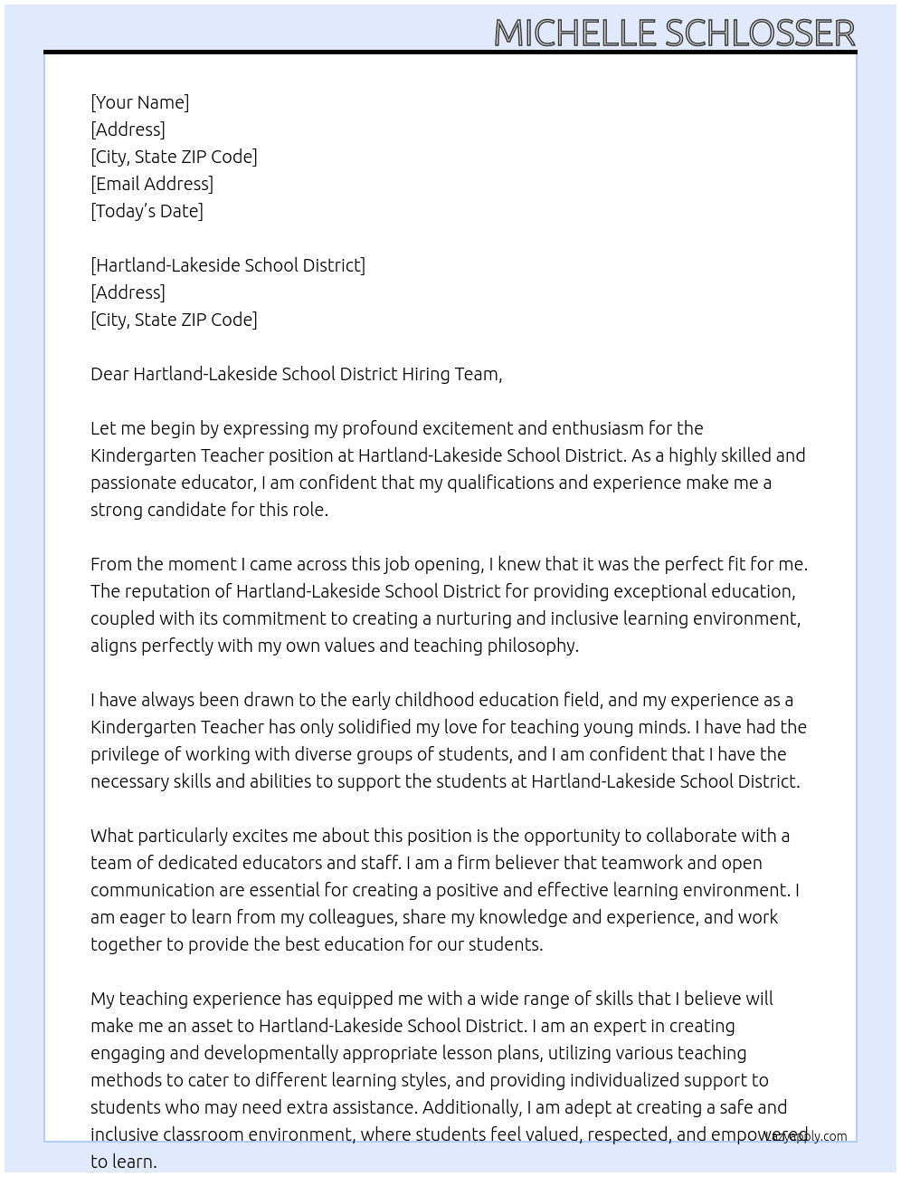 Kindergarten Teacher At Hartland-Lakeside School District Cover Letter
