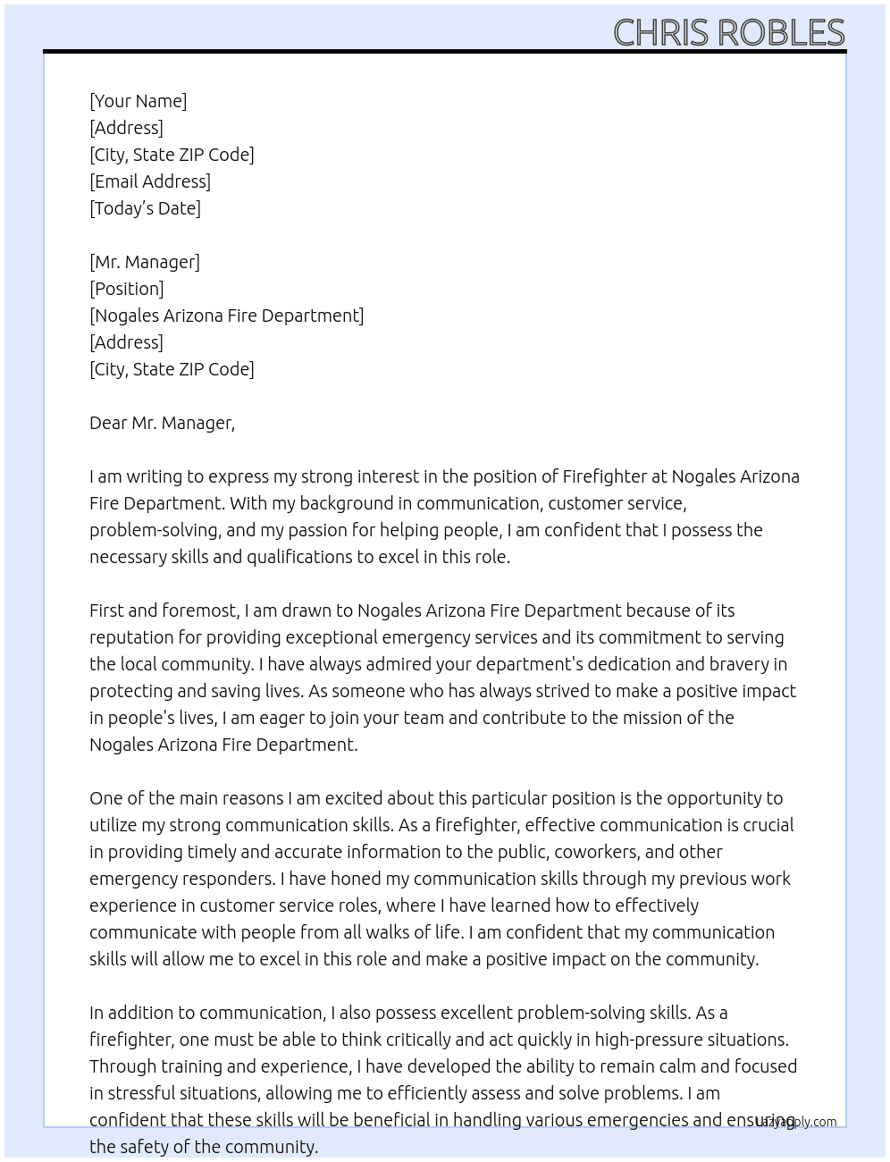 Firefighters  At Nogales Arizona fire department  Cover Letter