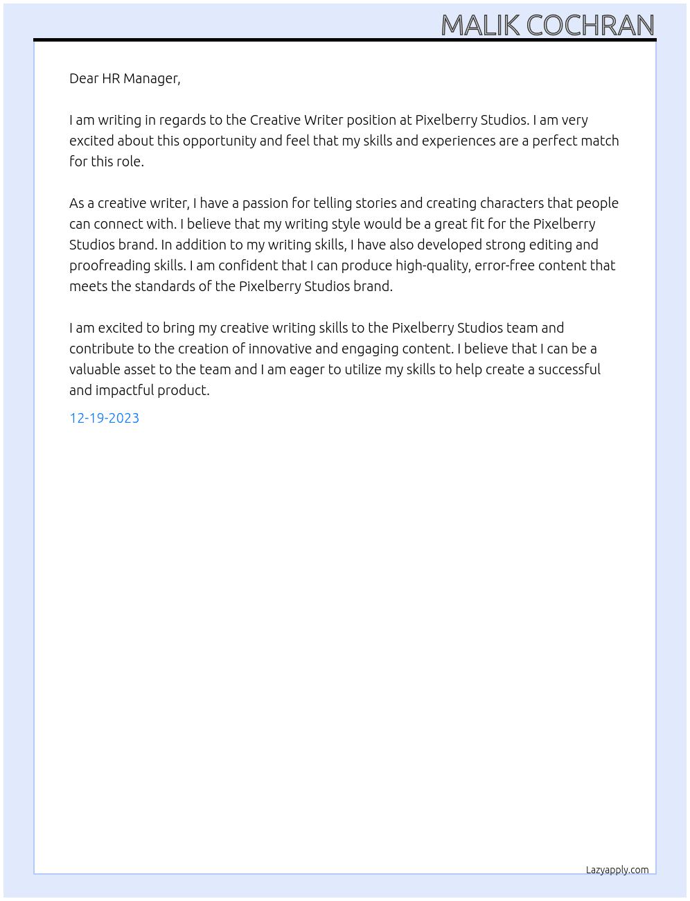 Creative Writer At Pixelberry Studios Cover Letter