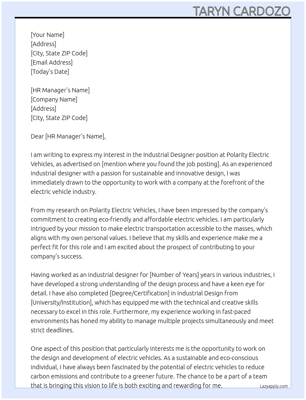 Industrial Designer At Polarity Electric Vehicles Cover Letter