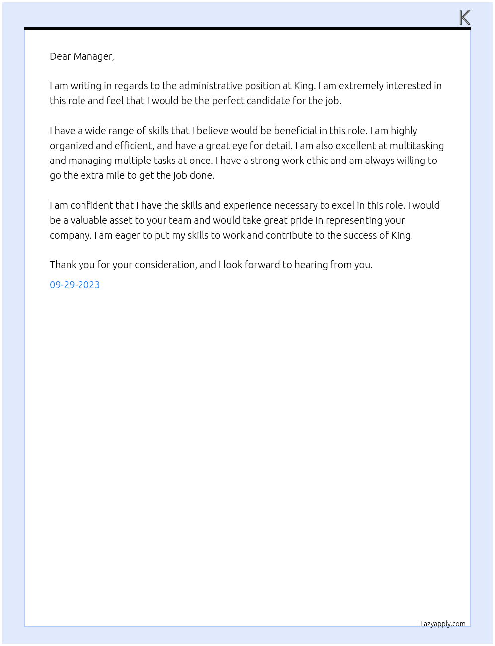 administrative At king Cover Letter