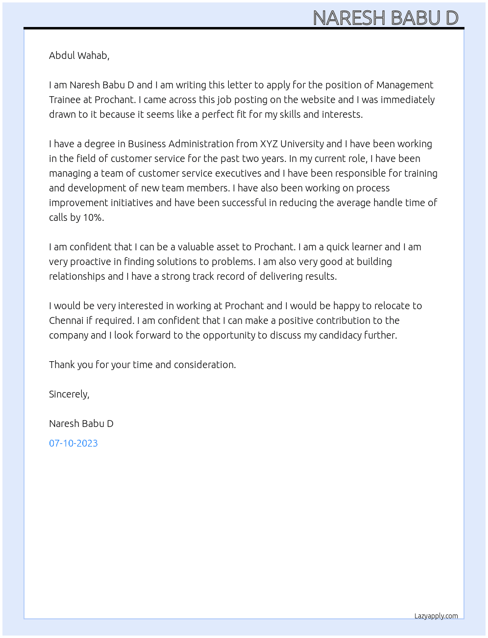 Management trainee  At Prochant  Cover Letter