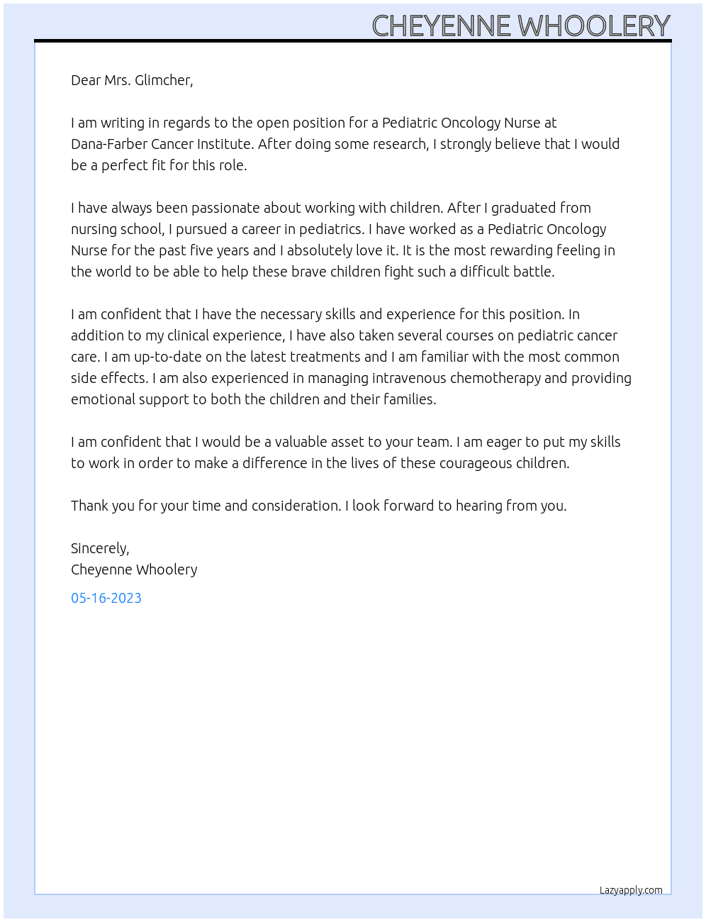 Pediatric Oncology Nurse At Dana-Farber Cancer institute Cover Letter
